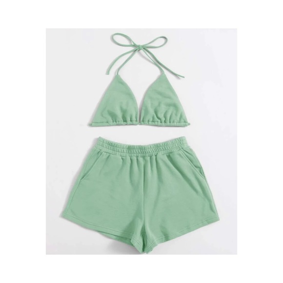 Tie back triangle halter top & shorts set